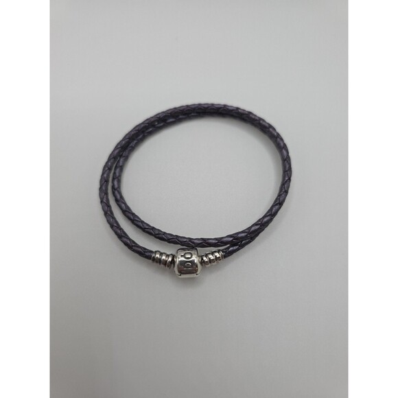 Pandora Purple Double Wrap Leather Braided 925 Silver Bracelet 13.5" Authentic - Picture 2 of 7